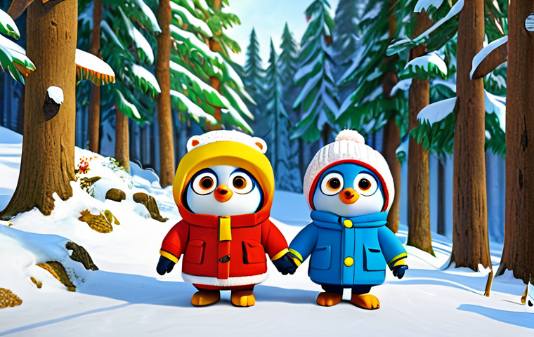 Pororo and Friends Exploring**

"Pororo, Crong, Eddy, and Poby exploring a snowy forest, wearing winter clothes, fully clothed, appropriate attire, safe for work, perfect anatomy, natural proportions, family-friendly, professional illustration, vibrant colors, detailed background, modest clothing, daytime scene."

**