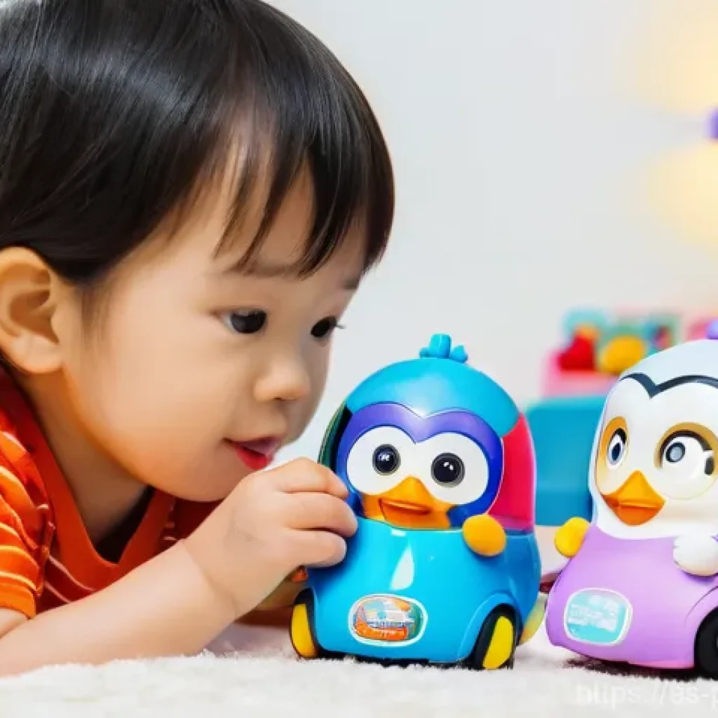 뽀로로 완구의 안전성 평가 - **Prompt:** A heartwarming, brightly lit close-up of a mother gently inspecting a Pororo plastic toy...