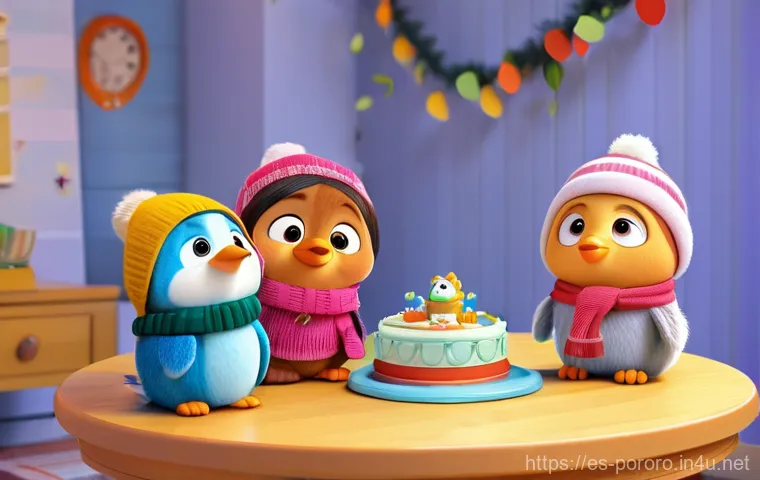 뽀로로의 탄생 배경 - **Prompt:** A whimsical illustration of Pororo the little penguin, wearing his iconic blue aviator h...