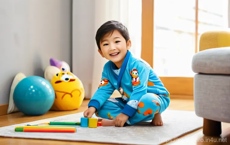 뽀로로 파자마 세트 리뷰 - **Prompt: Sweet Dreams in Pororo Pajamas**
    "A heartwarming, soft-focus illustration of a young c...