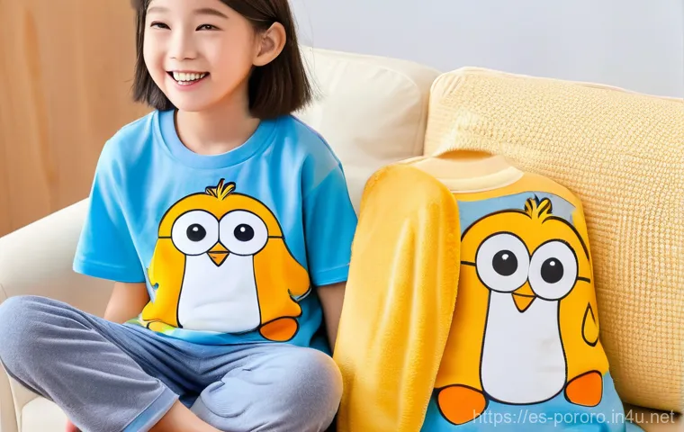 뽀로로 파자마 세트 리뷰 - **Prompt: Playful Mornings with Pororo**
    "A vibrant, cheerful scene depicting a child, around 6-...