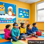 뽀로로의 유아 심리학적 접근 - A colorful and lively classroom scene featuring young children of diverse backgrounds sitting on a b...