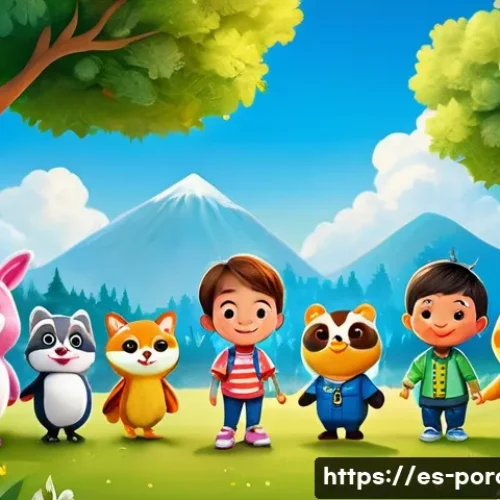 뽀로로와 관련된 사회적 메시지 - A vibrant, heartwarming scene of cartoon animal friends, inspired by characters like Pororo, gathere...