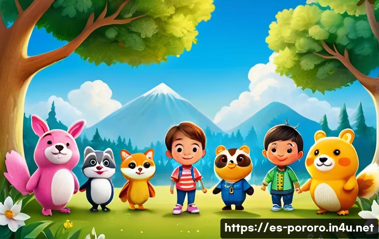 뽀로로와 관련된 사회적 메시지 - A vibrant, heartwarming scene of cartoon animal friends, inspired by characters like Pororo, gathere...