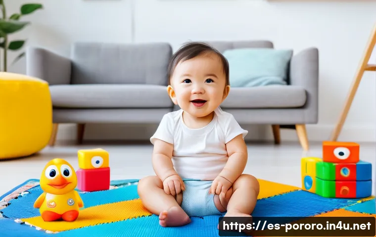 뽀로로 장난감 세트 추천 - A cheerful toddler playing with large, colorful Pororo character figures made of safe, non-toxic pla...