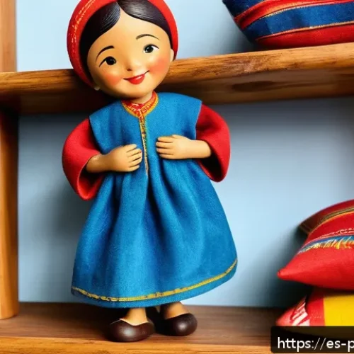 Home 17 뽀로로를 모티브로 한 공예작품 - A handcrafted wooden figurine of a joyful child wearing colorful traditional clothing with bright bl...