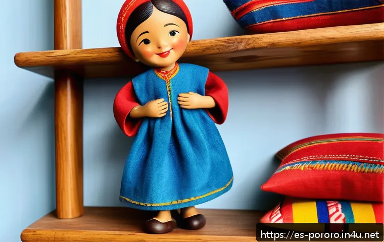 뽀로로를 모티브로 한 공예작품 - A handcrafted wooden figurine of a joyful child wearing colorful traditional clothing with bright bl...
