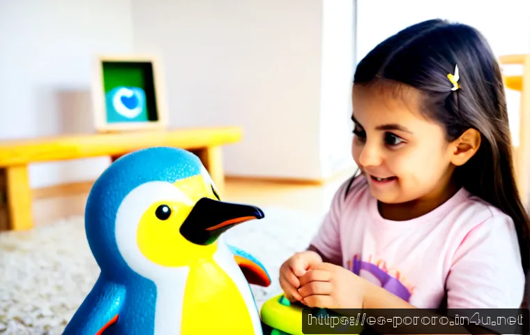 뽀로로의 학습용 스마트토이 - Photorealistic Spanish family living room, a cheerful preschool child using a colorful penguin-shape...